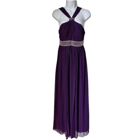 JS Boutique Beaded Chiffon Plum Halter Formal Bridesmaid Embellished Gown Sz 4 - Picture 2 of 13